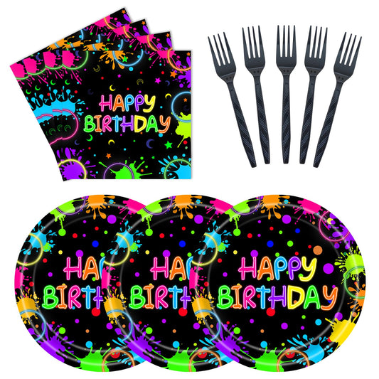 EVYIENEN 75Pcs Neon Birthday Plates and Napkins Party Supplies,7 Inch Neon Paper Plates and 6.5 Inch Napkins with 6.3 Inch Forks Disposable Tableware Set for Birthday Party Decorations,Serve 25