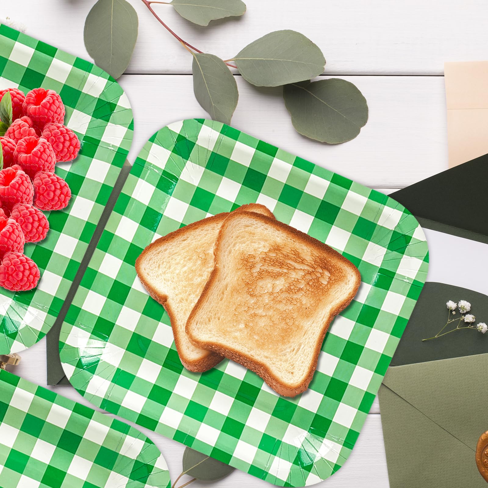 50Pcs Green Striped Paper Plates, 7 Inch Disposable Square Dinner and Dessert Plates for Birthday, Wedding and Baby Shower