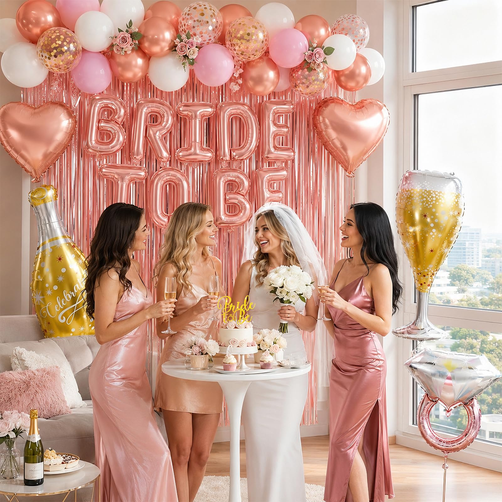 Rose Gold Bachelorette Party Decorations, Bride To Be Bridal Shower Balloons Banner Cake Topper, Pink White Gold Confetti Ring Champagne Bottle Glass Balloons Foil Curtains for Engagement Wedding
