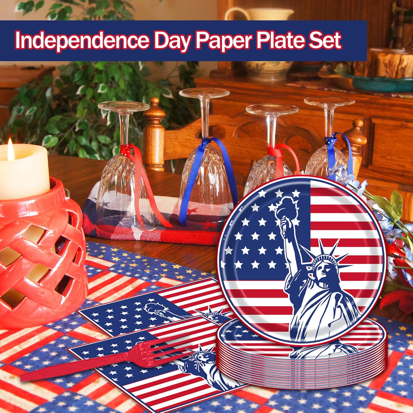 EVYIENEN 75Pcs 4th of July Plates and Napkins Party Supplies,7 Inch American Flag Patriotic Paper Plates and 6.5 Inch Napkins with 6.3 Inch Forks Disposable Tableware Set