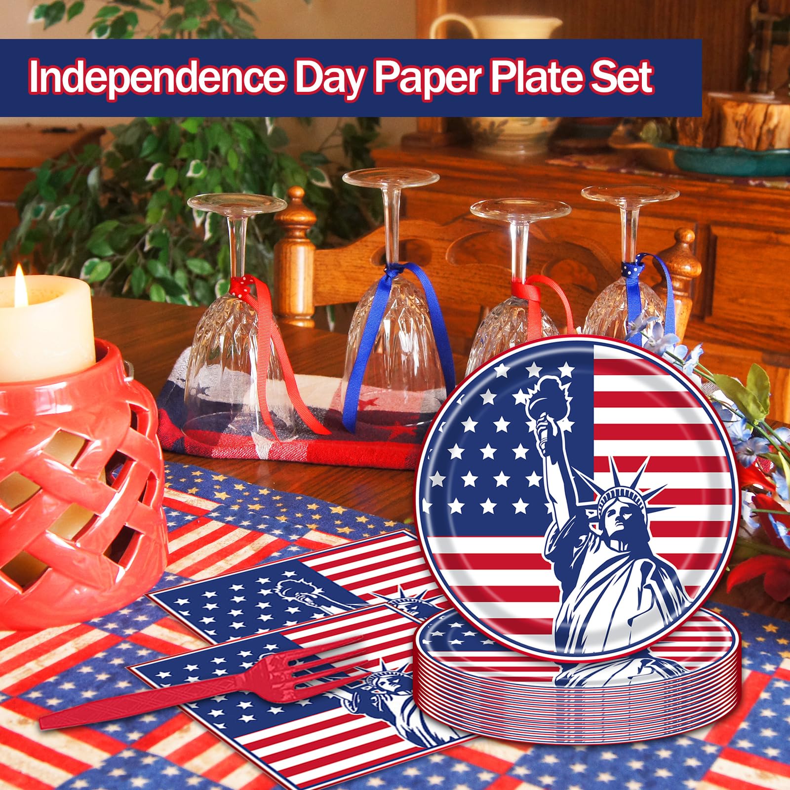 EVYIENEN 75Pcs 4th of July Plates and Napkins Party Supplies,7 Inch American Flag Patriotic Paper Plates and 6.5 Inch Napkins with 6.3 Inch Forks Disposable Tableware Set