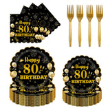 EVYIENEN 96Pcs 80th Birthday Party Tableware Set,Back in 1965 Birthday Party Decorations Supplies, Disposable Black and Gold 80th Birthdays Paper Plates Napkins Forks Favors for Men Women, Serve 24
