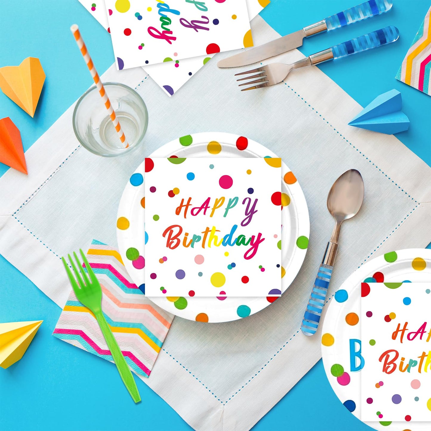 EVYIENEN 50 Pcs Happy Birthday Dots Plates and Napkins Party Supplies,Happy Birthday and Napkins Party Decorations for Birthday Plates-Serves 25
