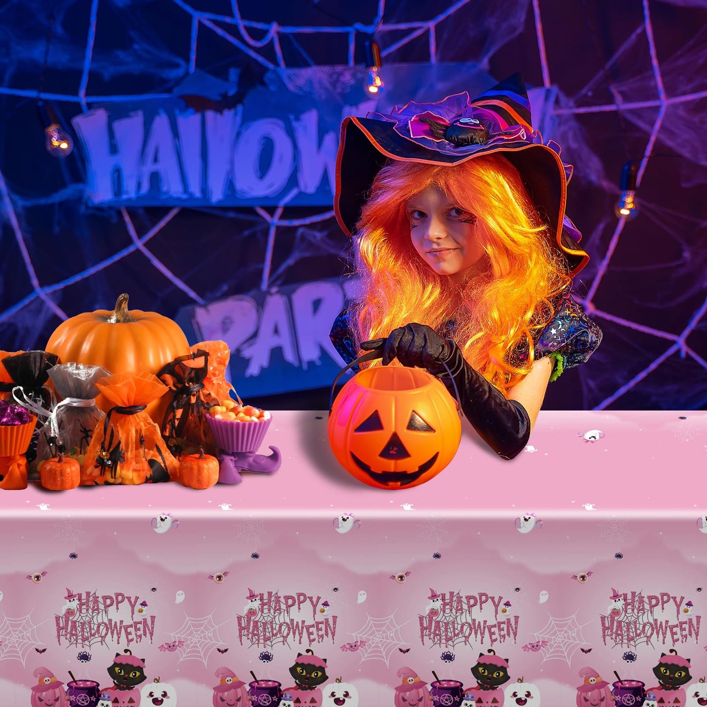 108×54Inch Halloween Tablecloth, Halloween Decorations Indoor Outdoor Happy Boo Pumpkin Bat Skeleton Candy Disposable Plastic Waterproof Tablecover for Table Decor Backdrop Banner Party Supplies