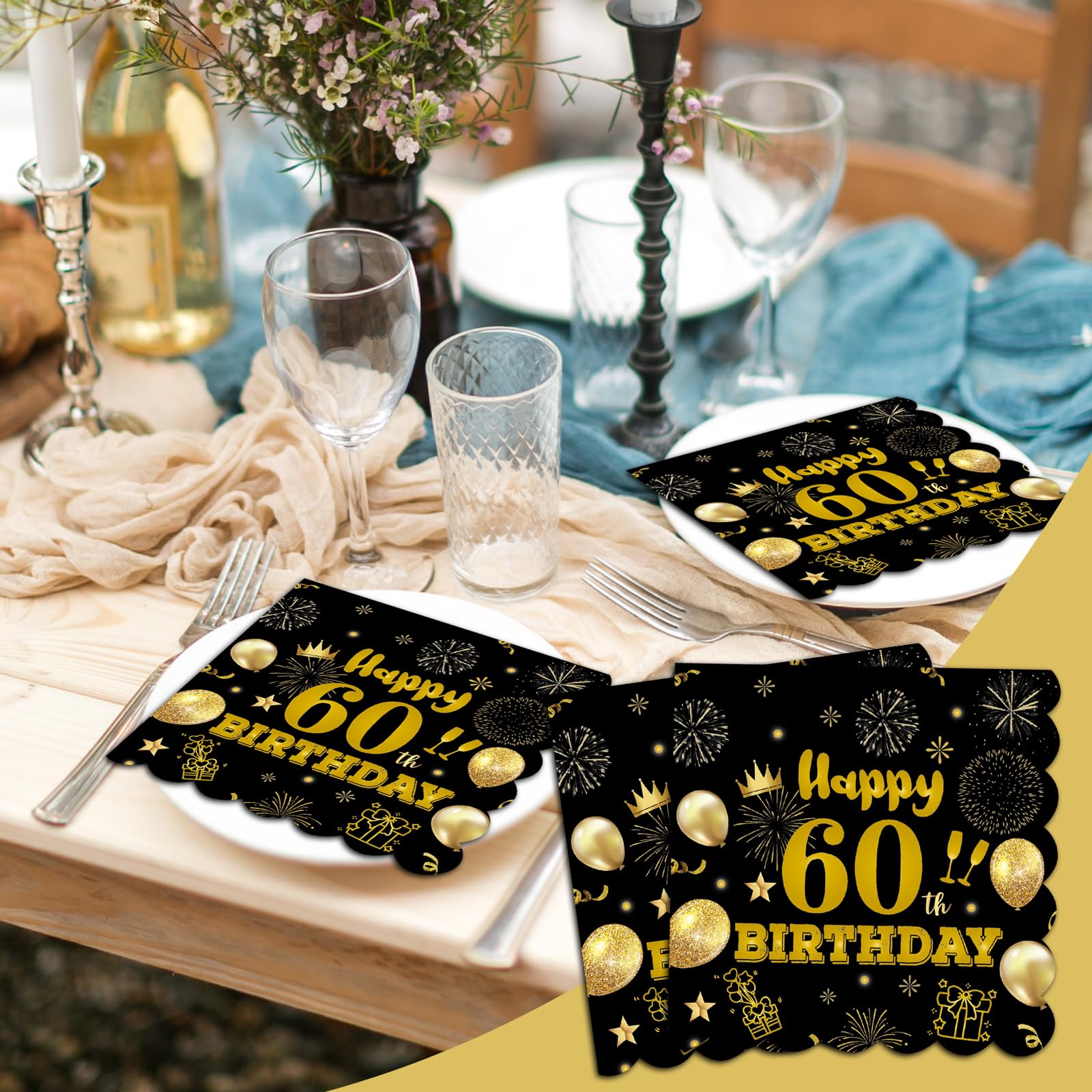 40pcs 60th Birthday Paper Napkins,13 x 13 inch Black and Gold Scalloped Dessert Cocktail Napkins Disposable Party Men Women Napkins 60th Birthday Decorations