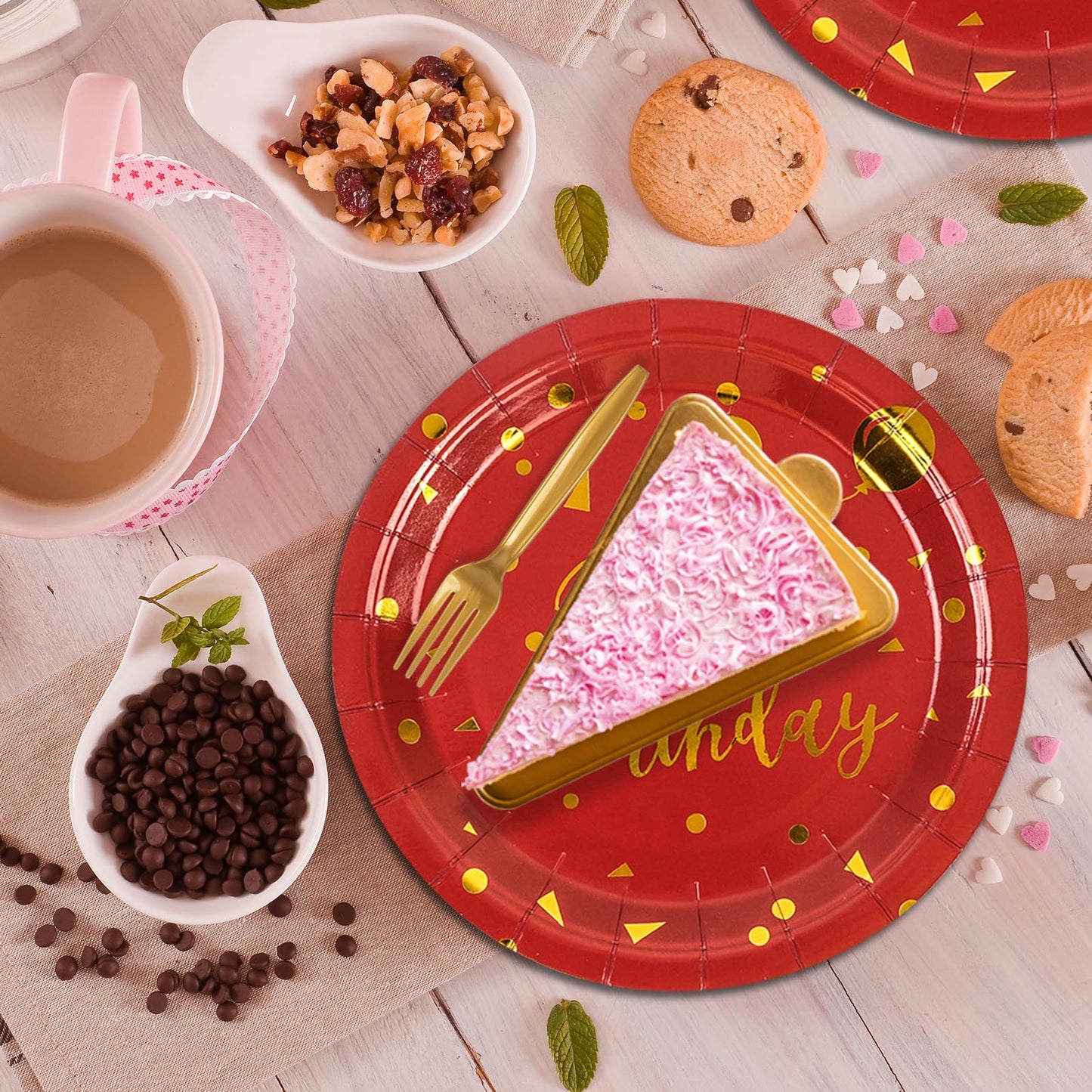 EVYIENEN 50PCS Happy Birthday Red and Gold Paper Plates, 9 inch Metallic Foil Polka Dots Disposable Dessert Party Plates Party Supplies for Graduation Birthday Cocktail Weddings Holiday
