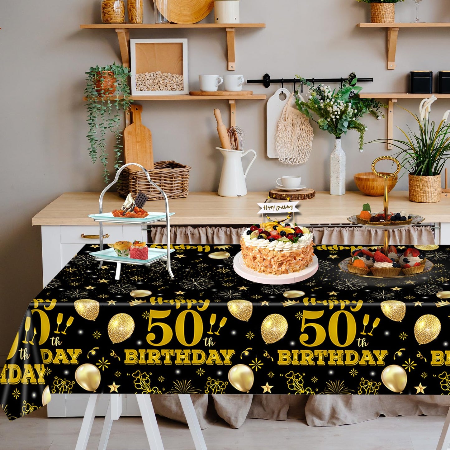 EVYIENEN 2 Pack 50th Birthday Tablecloth,Disposable Black Gold Plastic Waterproof Rectangular Table Covers for Christmas Party Decorations Men Women, 54 x 108 Inch