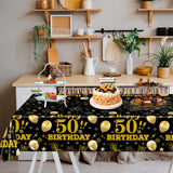 EVYIENEN 2 Pack 50th Birthday Tablecloth,Disposable Black Gold Plastic Waterproof Rectangular Table Covers for Christmas Party Decorations Men Women, 54 x 108 Inch