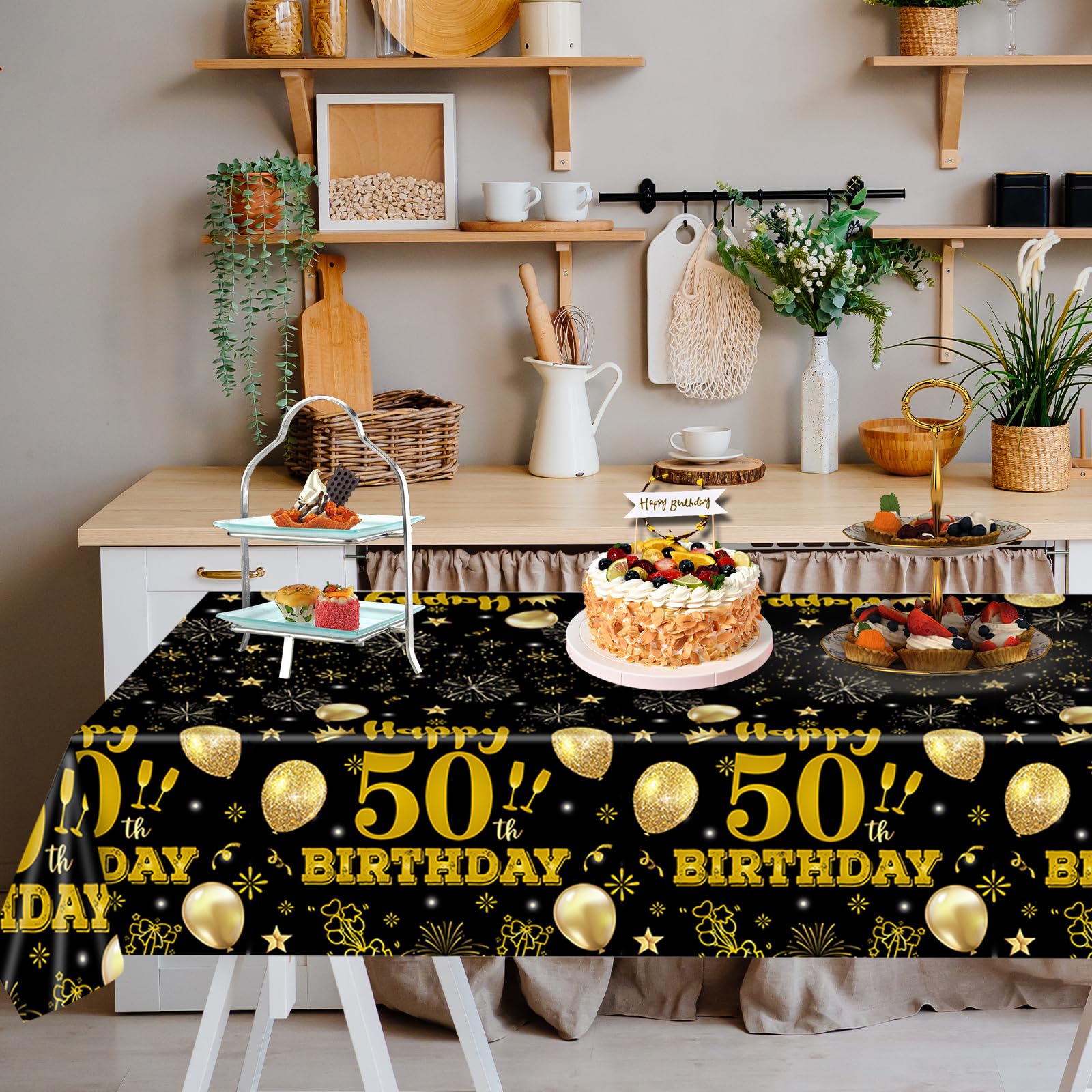 EVYIENEN 2 Pack 50th Birthday Tablecloth,Disposable Black Gold Plastic Waterproof Rectangular Table Covers for Christmas Party Decorations Men Women, 54 x 108 Inch
