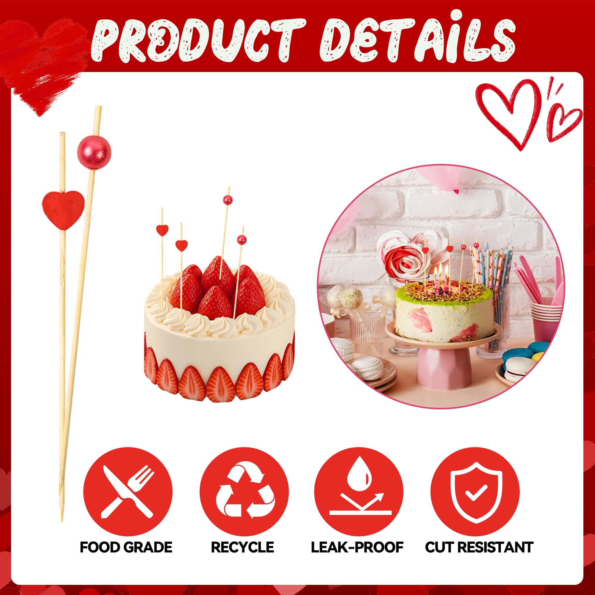 100 pcs Red Heart Shaped Pearl Fancy Cocktail Picks，4.7 Inch Handmade Bamboo Cocktail Toothpicks for Valentines Day Decoration Party Supplies (Red mix)