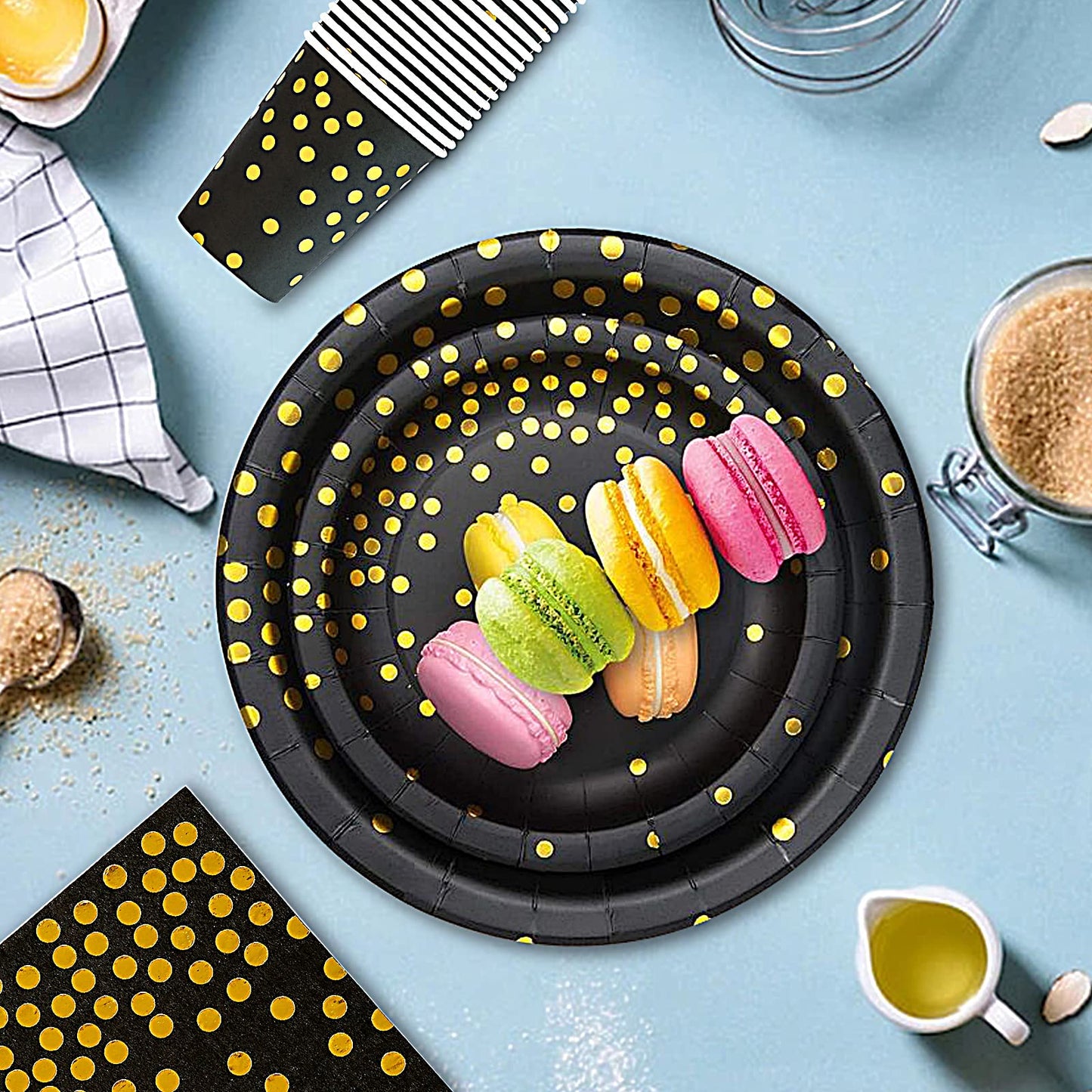 EVYIENEN 50 Pack Black and Gold Paper Plates, 7inch Metallic Foil Polka Dots Disposable Dessert Party Plates Party Supplies for Graduation Birthday Party Weddings Holiday