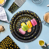 EVYIENEN 50 Pack Black and Gold Paper Plates, 7inch Metallic Foil Polka Dots Disposable Dessert Party Plates Party Supplies for Graduation Birthday Party Weddings Holiday