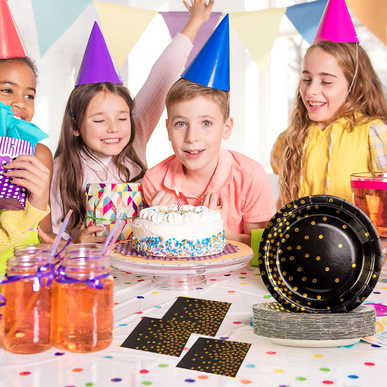 50Pcs Black and Gold Birthday Dinner Plates and Napkins, 9 Inch Gold Foil Dot Dessert Plates with Napkins for Birthdays, Weddings and New Year, Serves 25