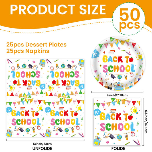EVYIENEN 50Pcs Back to School Party Paper Plates and Napkins,7inch Disposable School Themed Dessert Plates Disposable Dinnerware Tableware Set for Classroom Teacher Pre K Party Supplies
