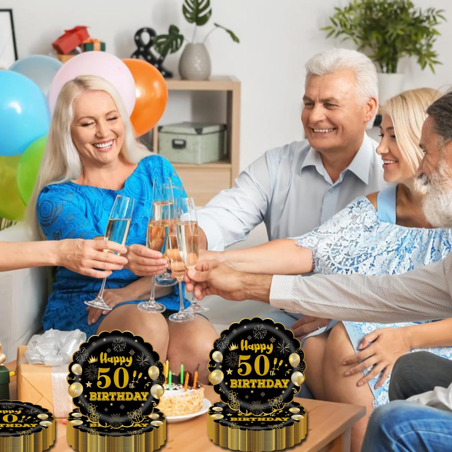 EVYIENEN 50Pcs 50th Birthday Party Paper Plates,7inch Disposable Black and Gold Scalloped Dessert Party Plates for Birthday Wedding Anniversary Reception Event Decorations