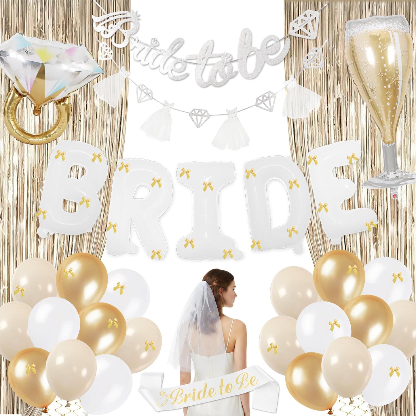 Sand White Bachelorette Party Decorations - 67pcs Bridal Shower Bride to Be Decor with Bride Banner Balloons, Fringe Curtains Veil Sash for Wedding Engagement Coast Hen Party