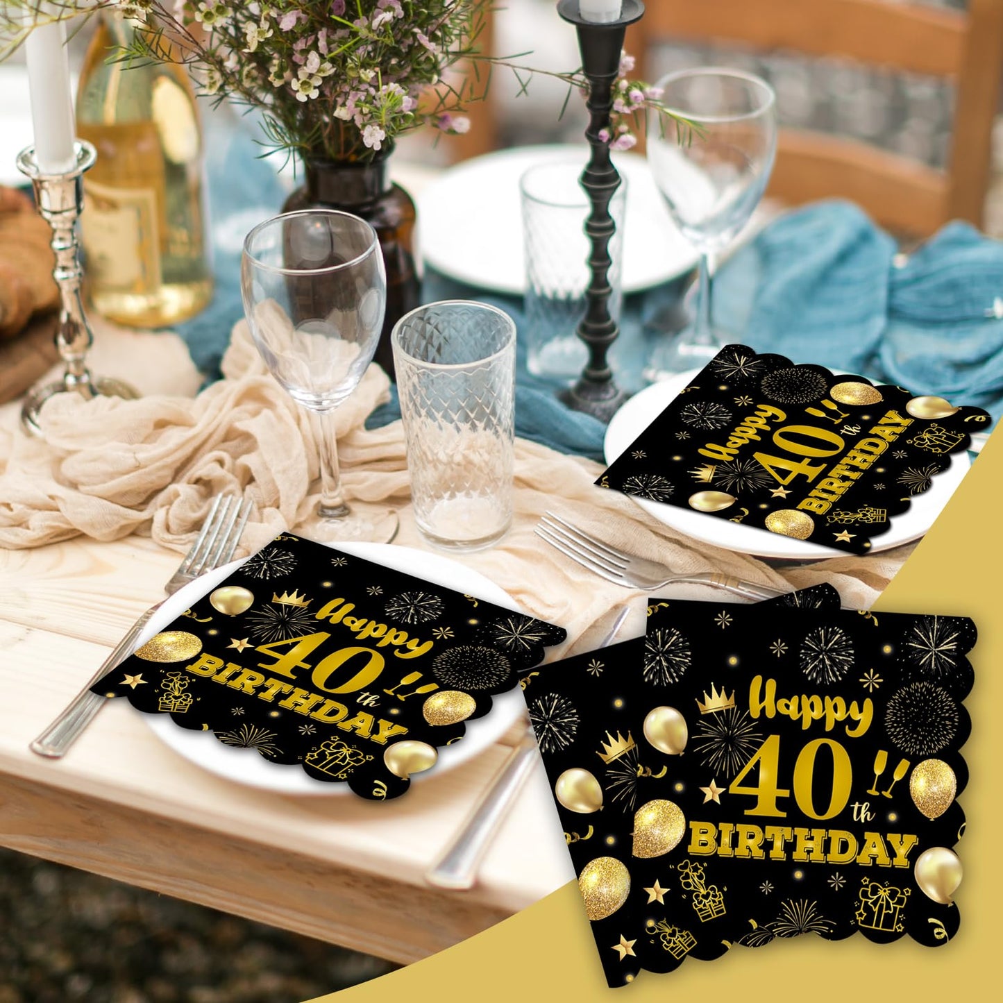 40pcs 70th Birthday Paper Napkins,13 x 13 inch Black and Gold Scalloped Dessert Cocktail Napkins Disposable Party Men Women Napkins 70th Birthday Decorations