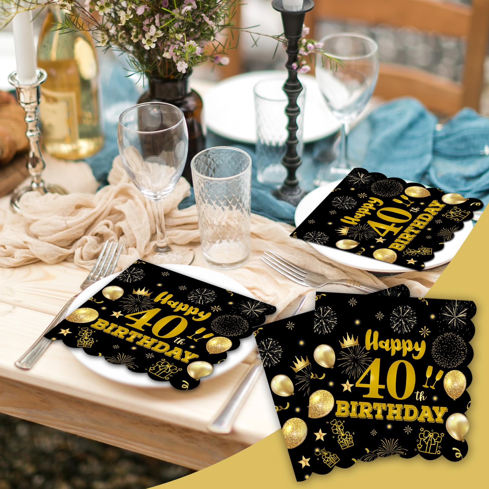 40pcs 70th Birthday Paper Napkins,13 x 13 inch Black and Gold Scalloped Dessert Cocktail Napkins Disposable Party Men Women Napkins 70th Birthday Decorations