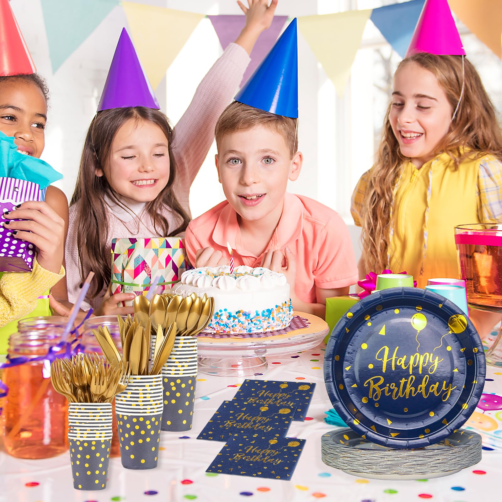 168PCS Happy Birthday Blue and Gold Party Supplies,Disposable Party Decorations Paper Plates Napkins Cups Plastic Forks Knives Spoons for Birthday New Year Wedding,Serve 24