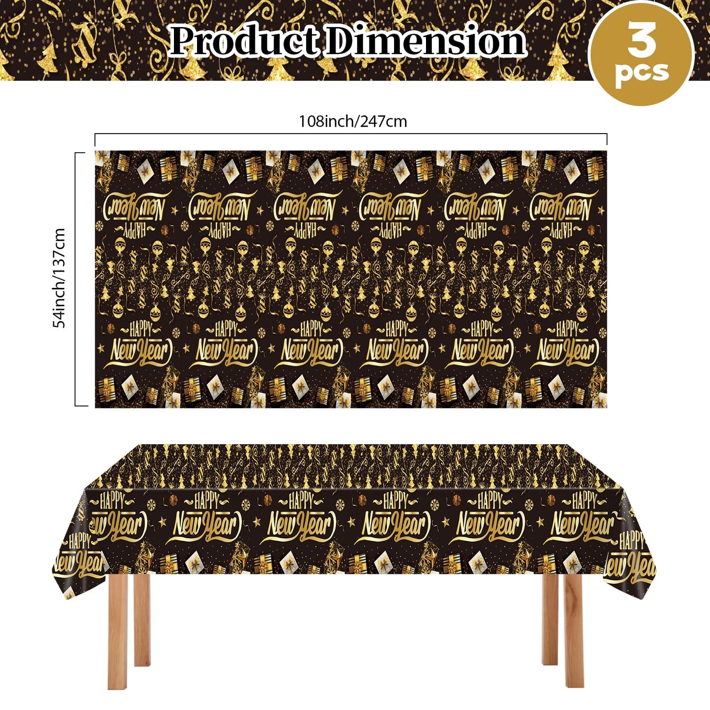 EVYIENEN 3Pcs Happy New Year Tablecloths,Black and Gold Table Covers Disposable Plastic Waterproof Tables Cover for 2026 New Year Table Supplies