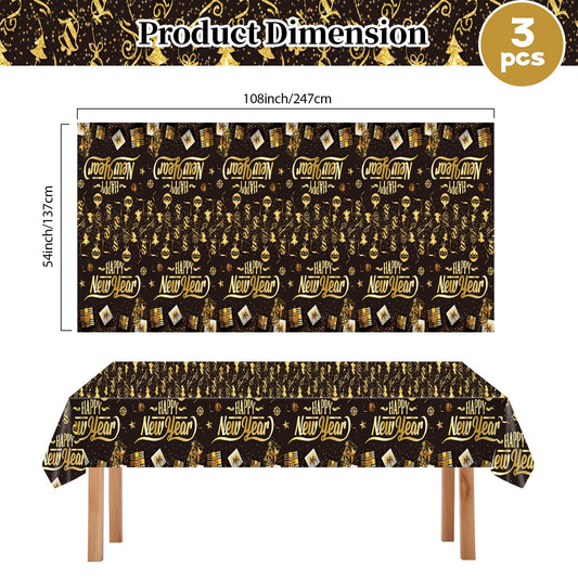 EVYIENEN 3Pcs Happy New Year Tablecloths,Black and Gold Table Covers Disposable Plastic Waterproof Tables Cover for 2026 New Year Table Supplies