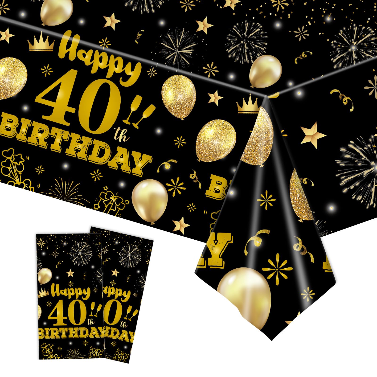 EVYIENEN 2 Pack 40th Birthday Tablecloth,Disposable Black Gold Plastic Waterproof Rectangular Table Covers for Christmas Party Decorations Men Women, 54 x 108 Inch