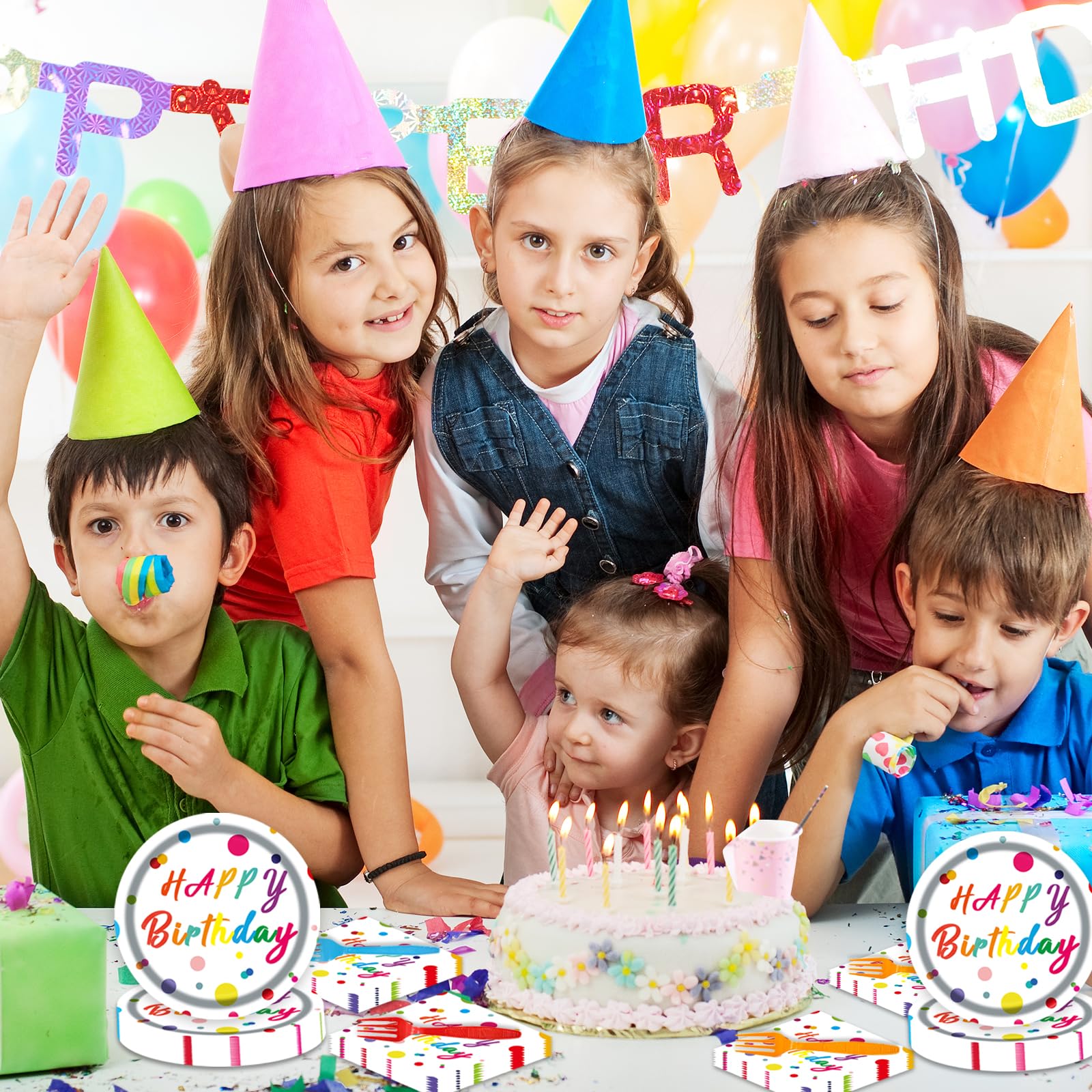 75Pcs Happy Birthday Dots Plates and Napkins Party Supplies,7 Inch Dots Paper Plates and 6.5 Inch Napkins with 6.3 Inch Forks Disposable Tableware Set for Birthday Party Decorations,Serve 25
