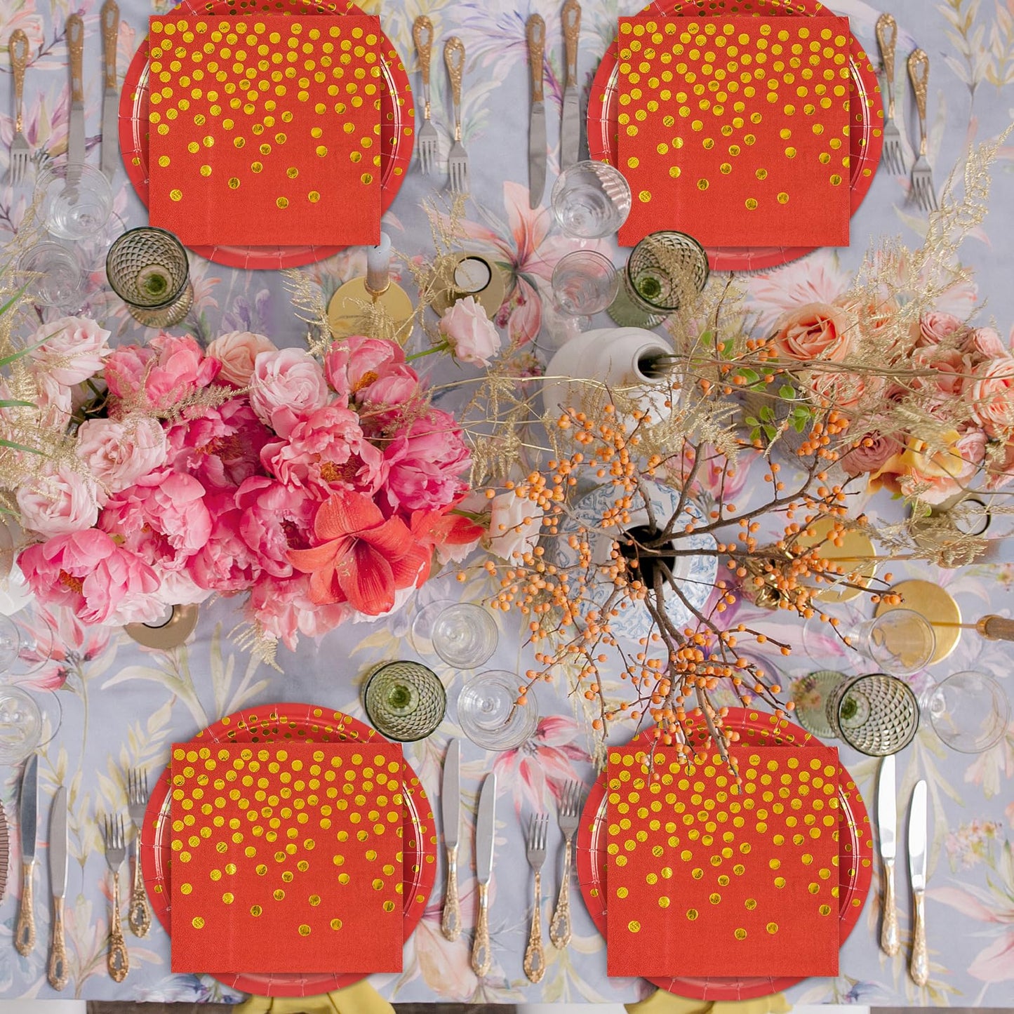 50PCS Red and Gold Birthday Plates and Napkins Party Supplies,25 x 7 Red Gold Foil Decorations Dessert Plates and 25 x 6.5 Napkins for Birthdays New Year Weddings Graduations