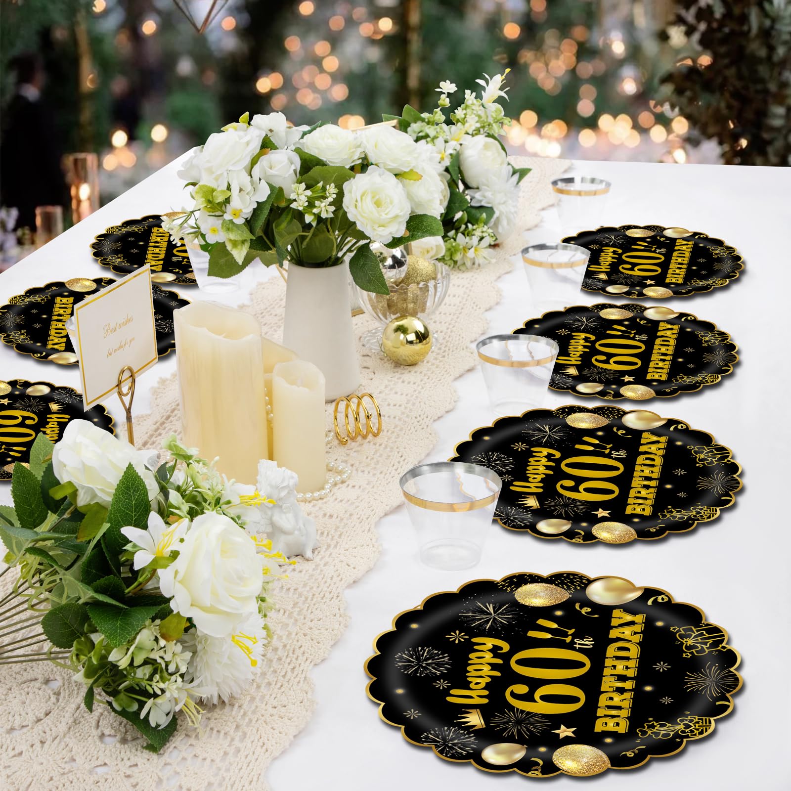 EVYIENEN 50Pcs 60th Birthday Party Paper Plates,7inch Disposable Black and Gold Scalloped Dessert Party Plates for Birthday Wedding Anniversary Reception Event Decorations
