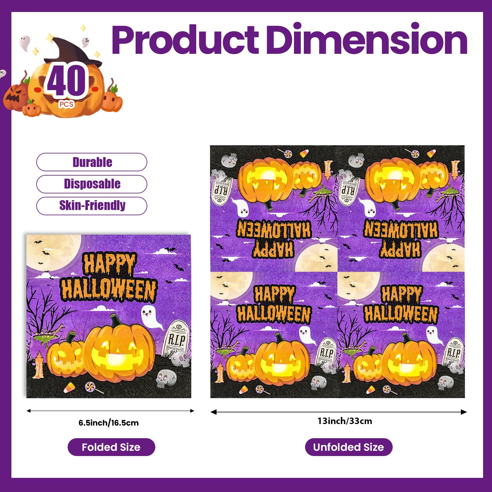 50 Pcs Halloween Napkins,13 x 13 Inch Pumpkin Ghosts Skeletons Disposable Luncheon Cocktail Napkins Party Supplies for Halloween Gifts Dinner Party Decoration