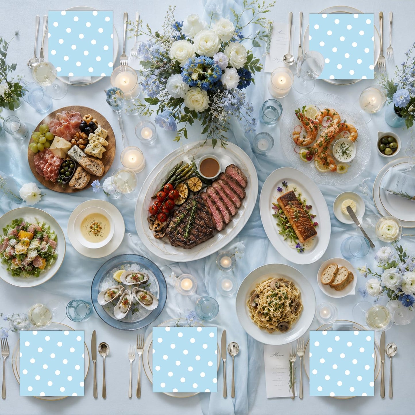 50pcs White Polka Dot Blue Napkins, Disposable 2-Ply Cocktail & Happy Birthday Napkins, Polka Dot Party Decorations for Wedding Baby Shower Birthday Bridal Party