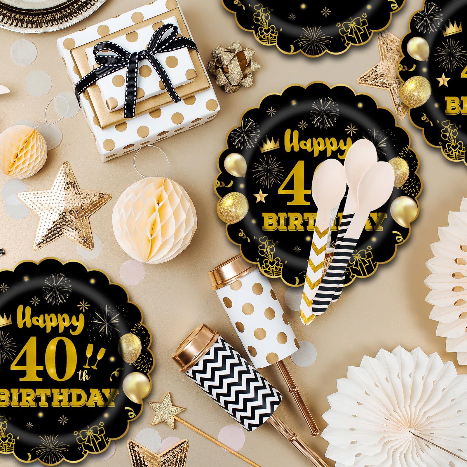 EVYIENEN 50Pcs 40th Birthday Party Paper Plates and Napkins,25 x 7inch Black and Gold Scalloped Dessert Plates Party and 25 x 6.5inch Cocktail Napkins for Birthday Wedding Anniversary Decorations