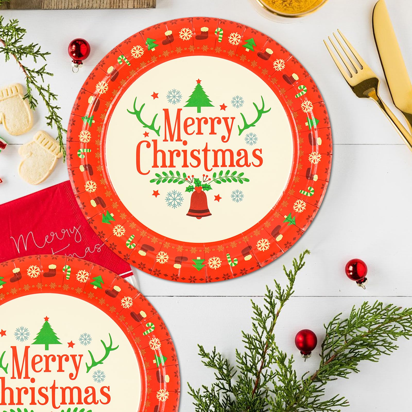 EVYIENEN 50 Pack Christmas Paper Plates - 7 inch Disposable Christmas Dessert Paper Dinnerware Dinner Plates for Xmas Holiday Party Dinnerware Party Supplies