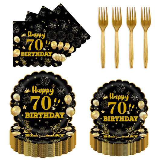 EVYIENEN 96Pcs 60th Birthday Party Tableware Set,Back in 1965 Birthday Party Decorations Supplies, Disposable Black and Gold 60th Birthdays Paper Plates Napkins Forks Favors for Men Women, Serve 24