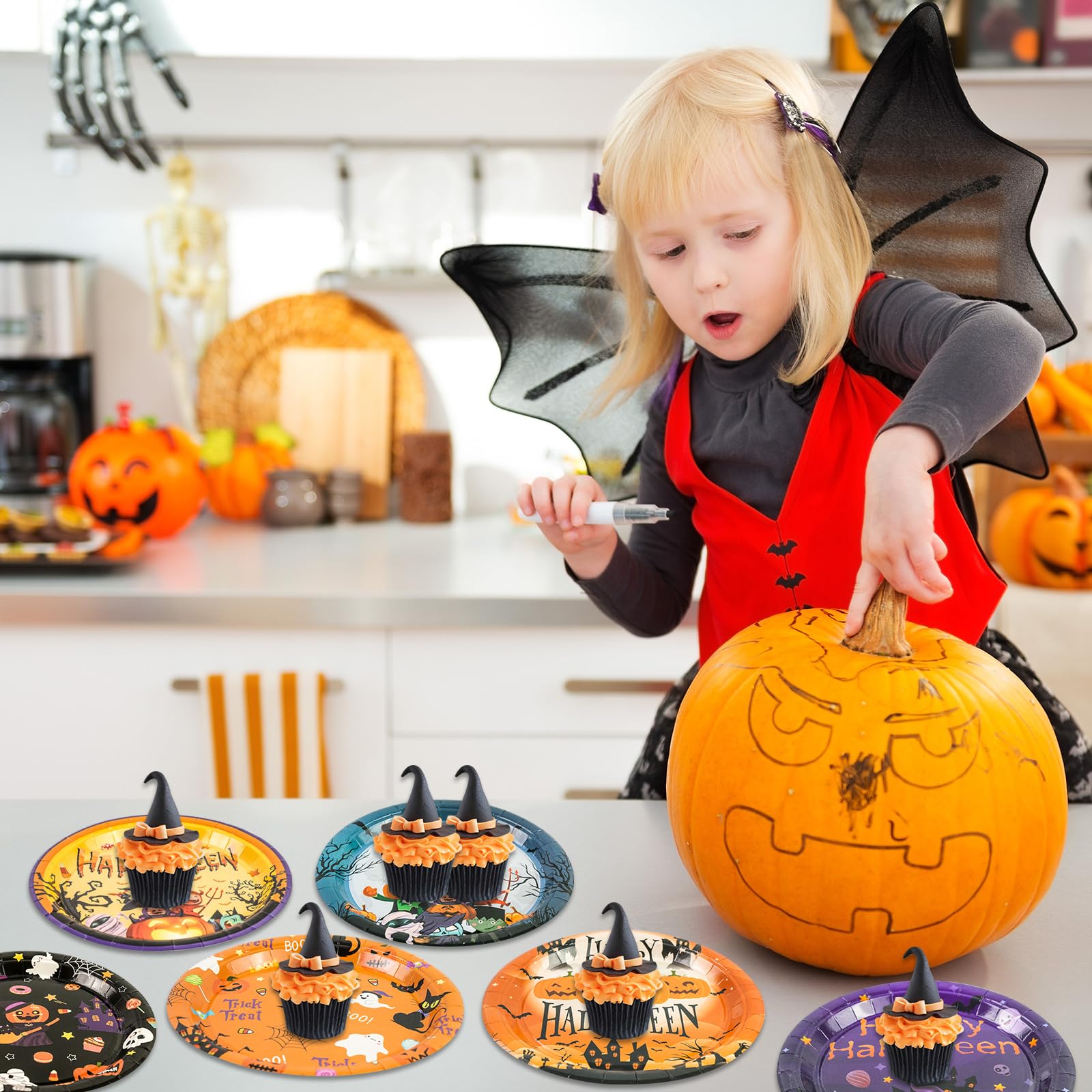 EVYIENEN 60 PCS Halloween Paper Plates,7 inch Paper Plates Pumpkin Monster Bat Skull and Ghost Disposable Cake Dessert Plate for Halloween Party Dinner Tableware Decoration Supplies