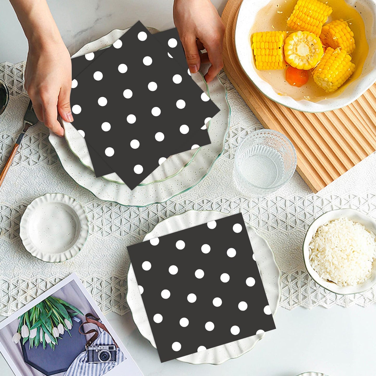 50pcs White Polka Dot Black Napkins, Disposable 2-Ply Cocktail & Happy Birthday Napkins, Polka Dot Party Decorations for Wedding Baby Shower Birthday Bridal Party