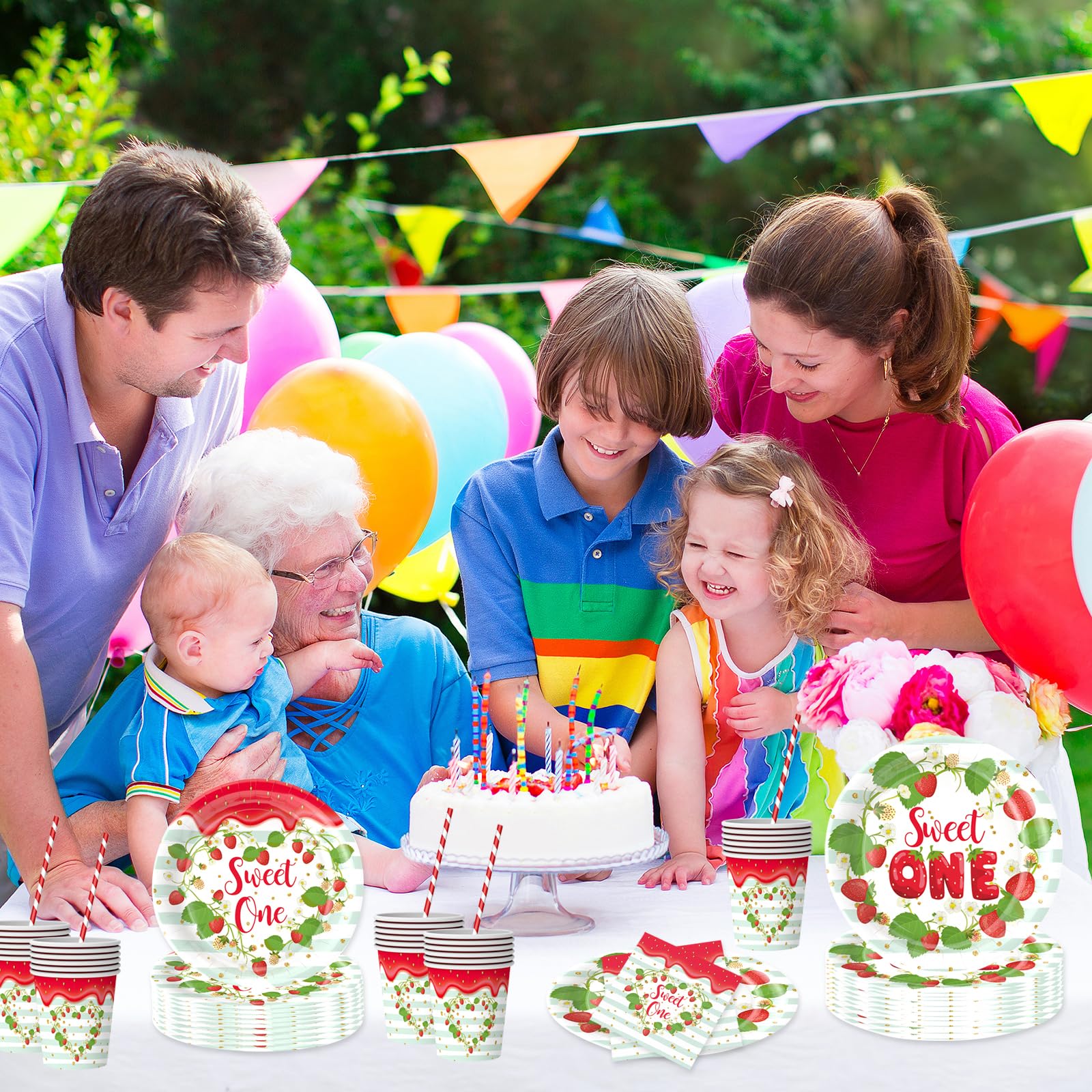 50PCS Strawberry Theme Birthday Party Tableware Set,Include Straw Paper Cups Plates and Napkins Set Disposable Party Supplies Decorations for Birthday Weddings Party Supplies