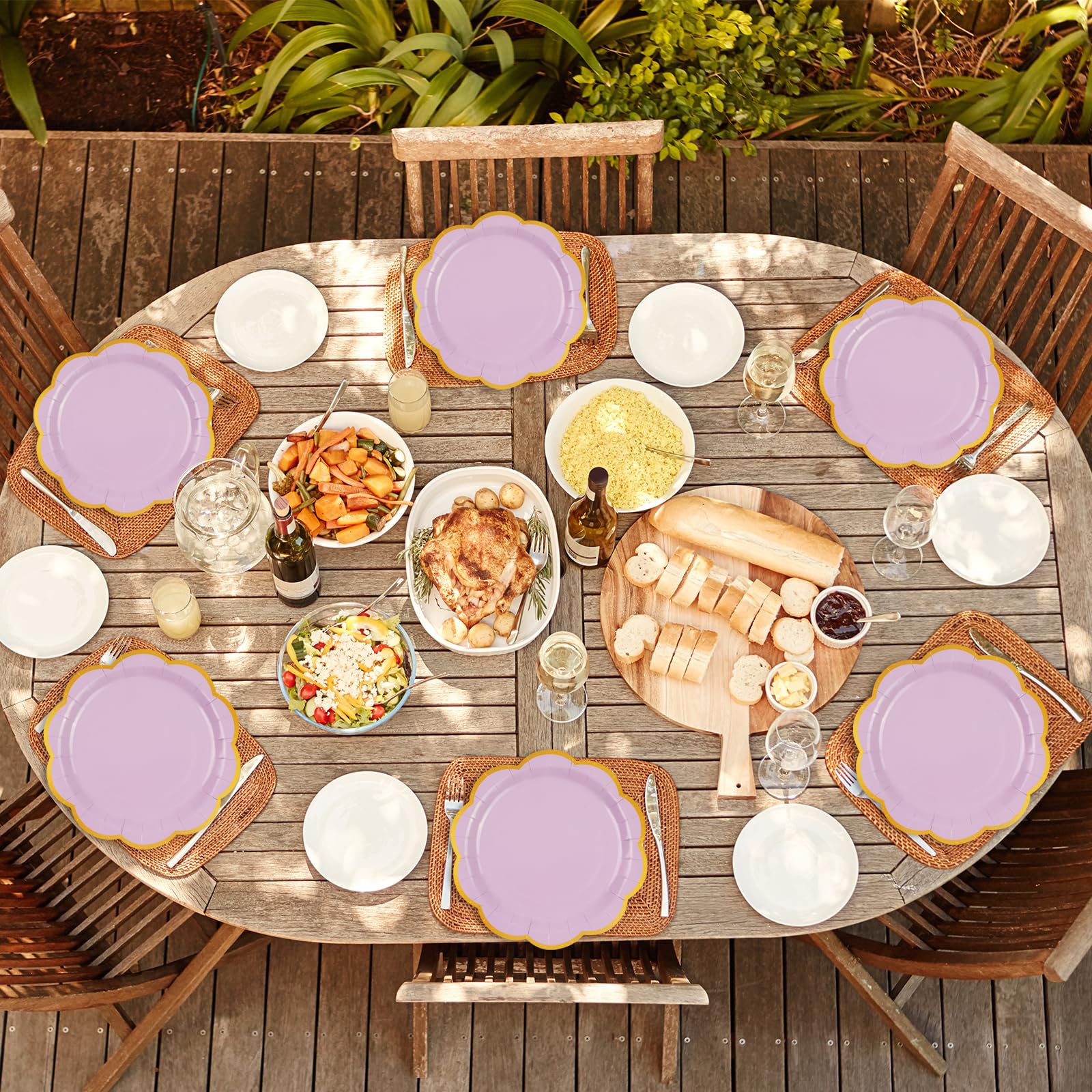 EVYIENEN 50 Pcs Purple Paper Plates,7 Inches Gold Foil Disposable Scalloped Paper Party Plates for Cake Dessert Halloween Fall Thanksgiving Birthday Wedding Baby Shower Party Decorations