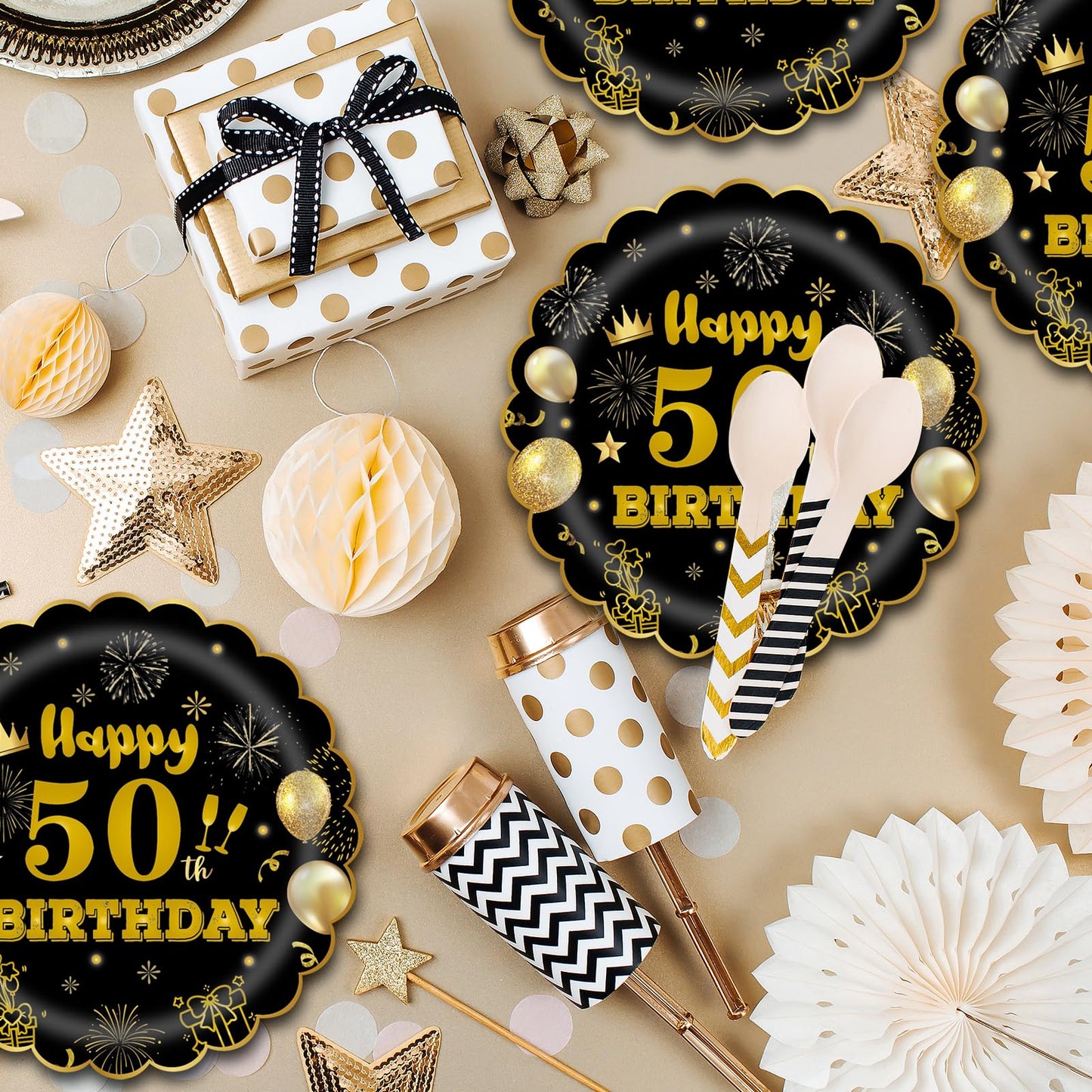 EVYIENEN 50Pcs 50th Birthday Party Paper Plates,7inch Disposable Black and Gold Scalloped Dessert Party Plates for Birthday Wedding Anniversary Reception Event Decorations