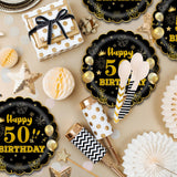 EVYIENEN 50Pcs 50th Birthday Party Paper Plates,7inch Disposable Black and Gold Scalloped Dessert Party Plates for Birthday Wedding Anniversary Reception Event Decorations