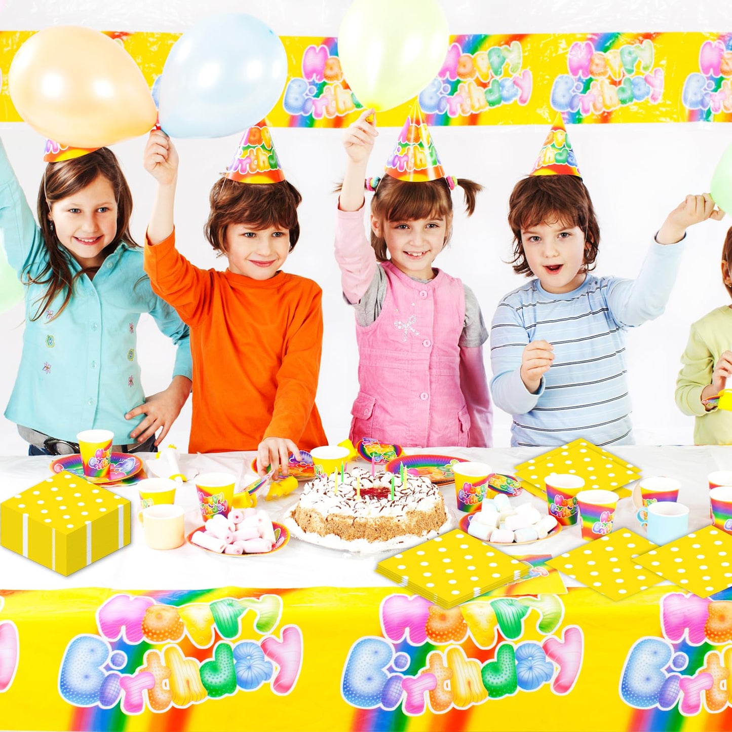 50pcs White Polka Dot Yellow Napkins, Disposable 2-Ply Cocktail & Happy Birthday Napkins, Polka Dot Party Decorations for Wedding Baby Shower Birthday Bridal Party