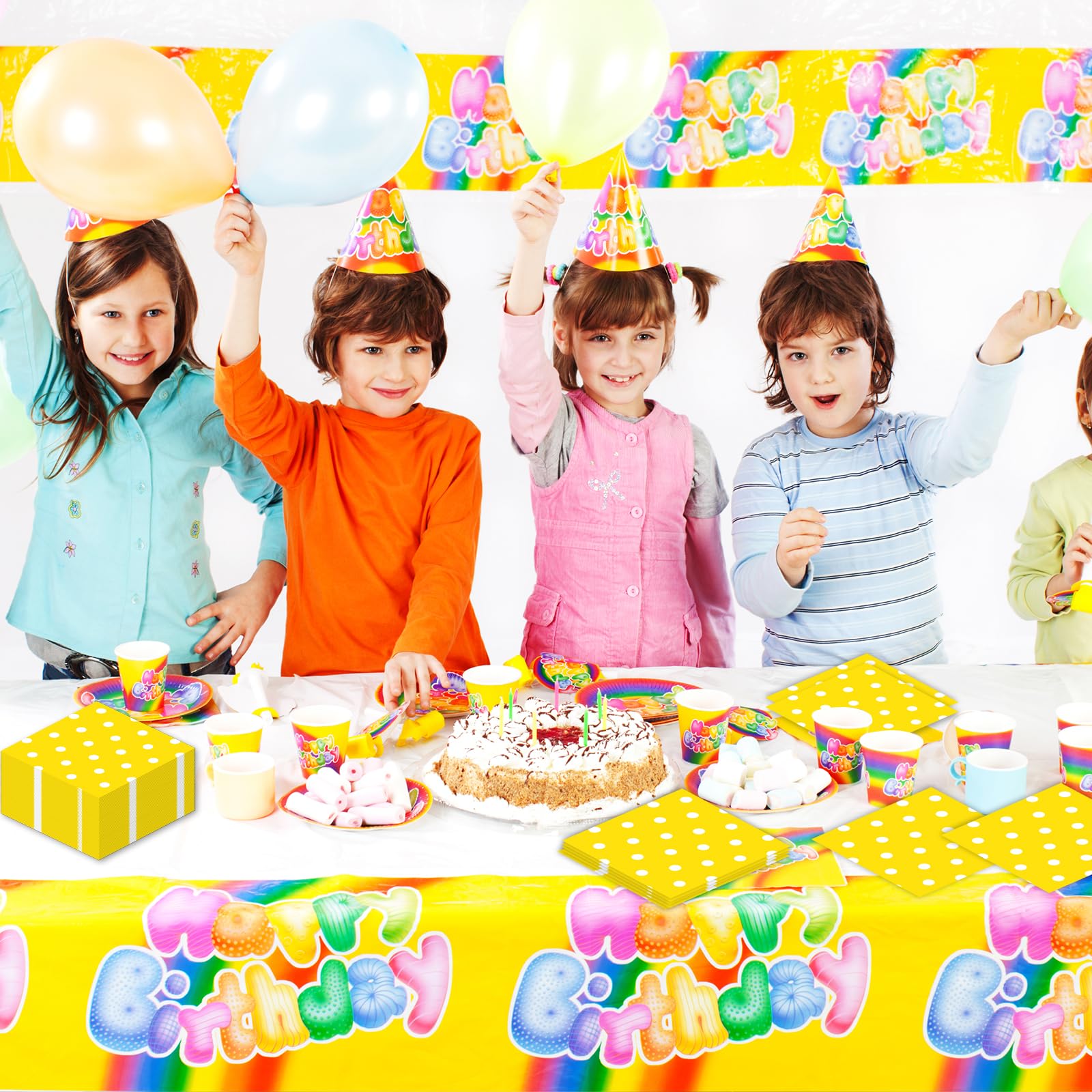 50pcs White Polka Dot Yellow Napkins, Disposable 2-Ply Cocktail & Happy Birthday Napkins, Polka Dot Party Decorations for Wedding Baby Shower Birthday Bridal Party