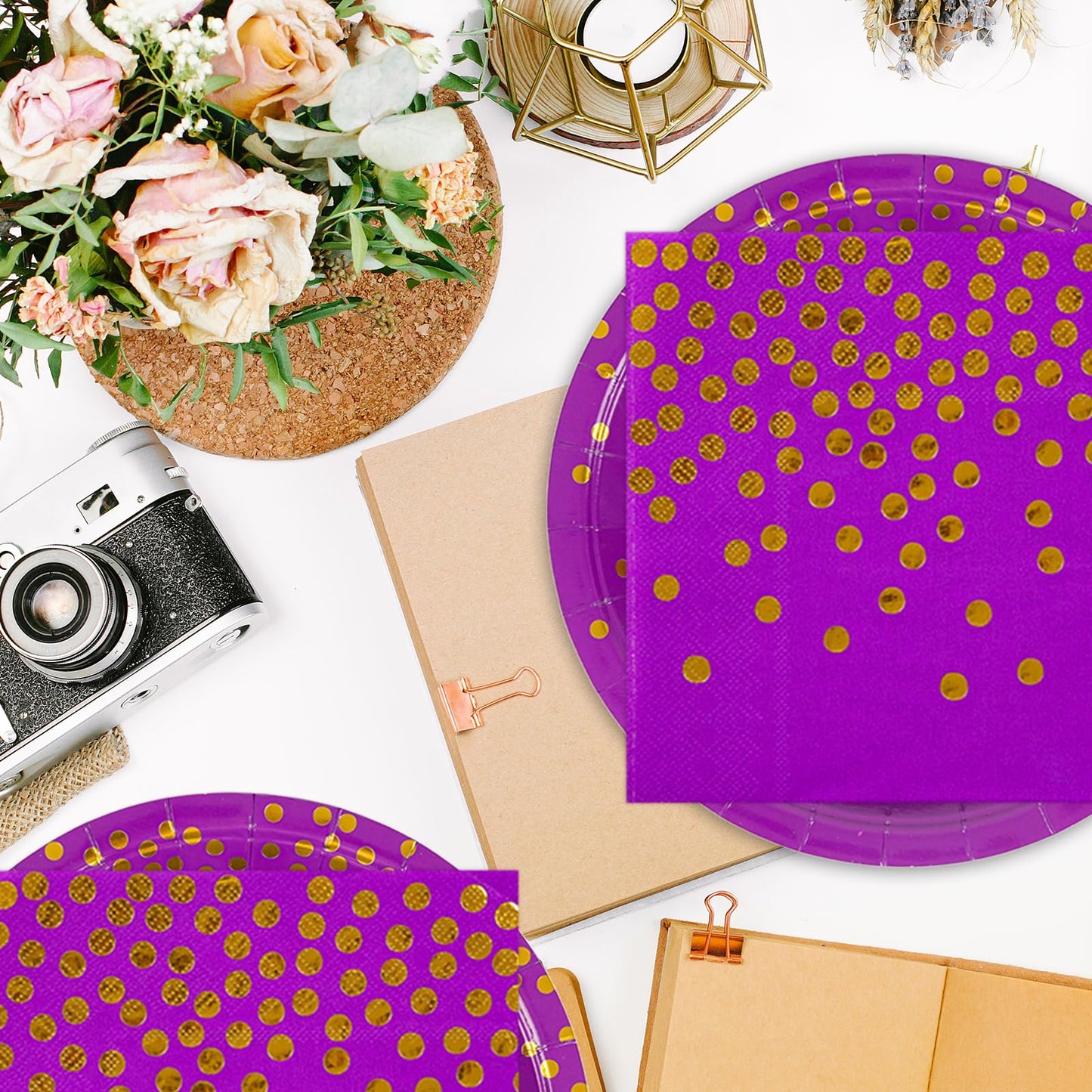 50PCS Purple and Gold Birthday Dinner Plates and Napkins Party Supplies,25 x 7 inch Purple Gold Foil Decorations Dessert Plates and 25 x 6.5 inch Napkins for Birthdays New Year Weddings Graduations