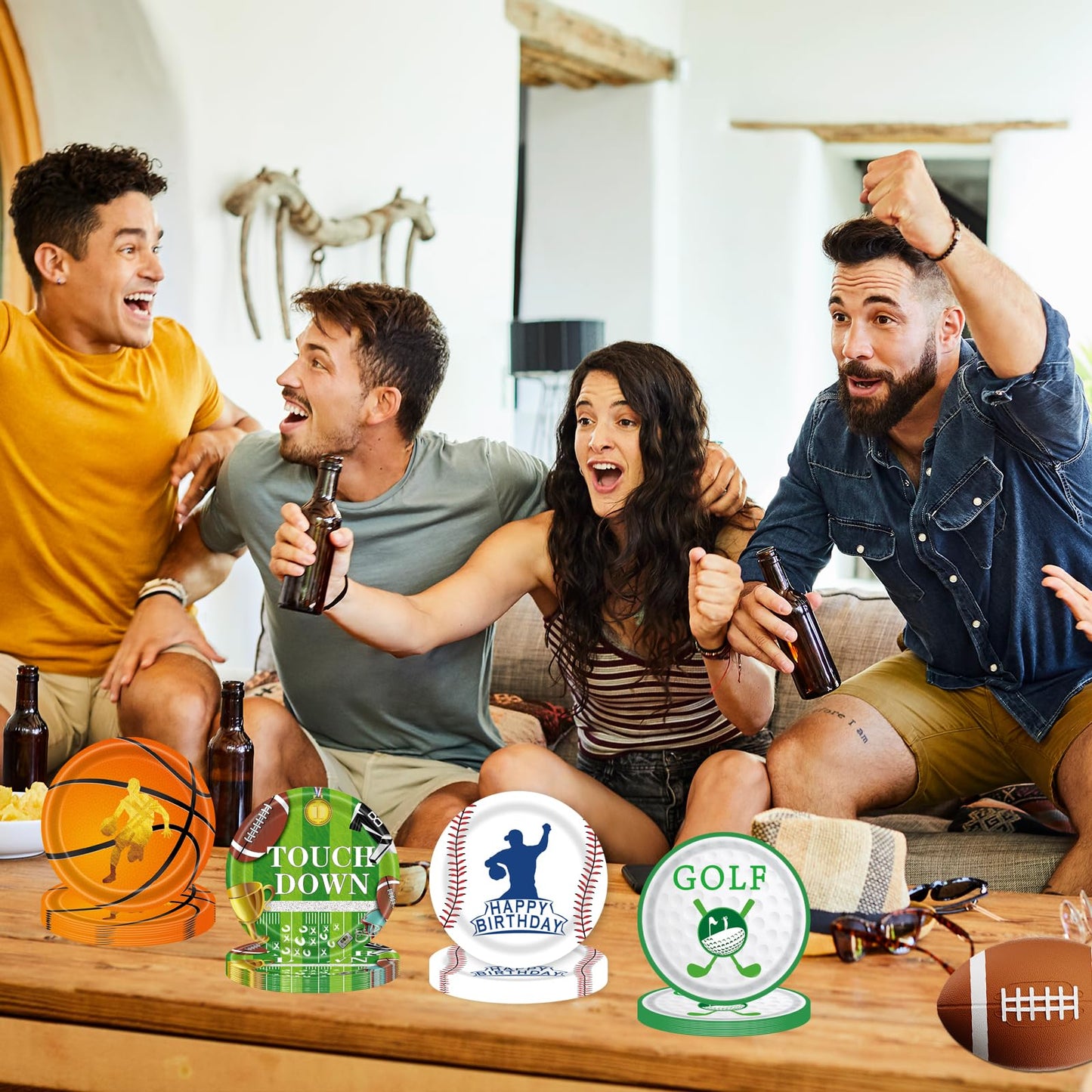 EVYIENEN 48Pcs Sports Birthday Paper Plates,9inch Disposable Sports Football Basketball Golf Baseball Paper Plates in 4 Designs for Kids Birthday Party Favors Decorations