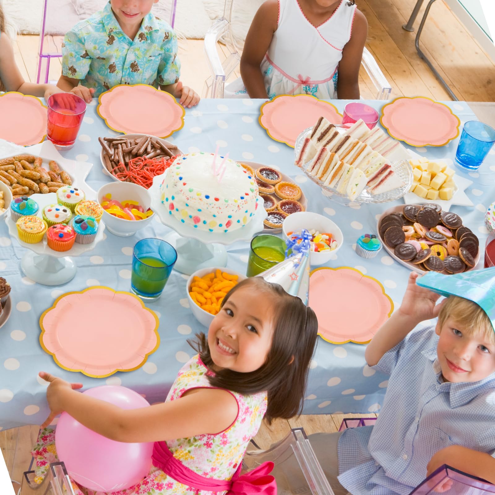 EVYIENEN 50 Pcs Pink Paper Plates,9 Inches Gold Foil Disposable Scalloped Paper Party Plates for Cake Dessert Halloween Fall Thanksgiving Birthday Wedding Baby Shower Party Decorations