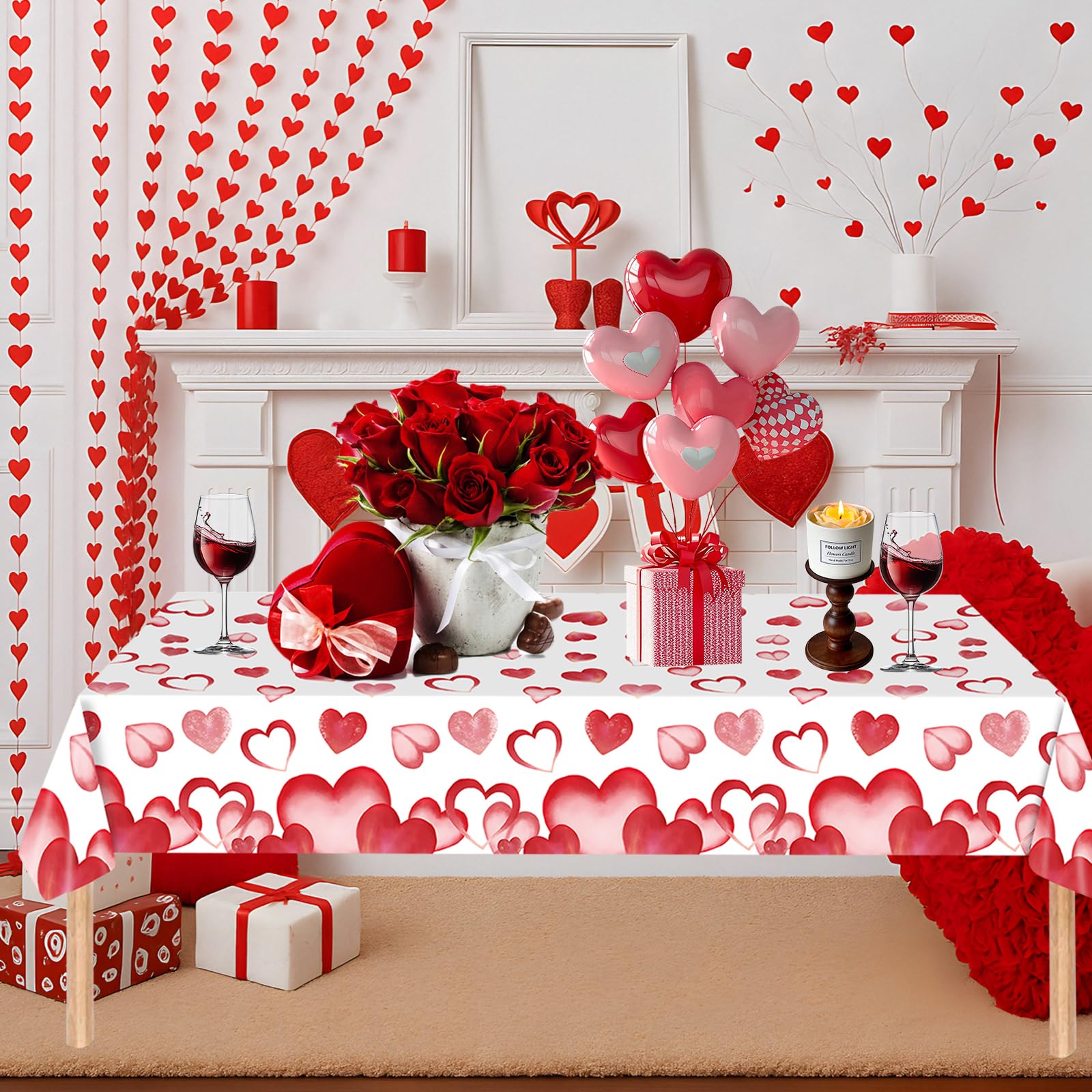 EVYIENEN 3 Pack Valentines Day Plastic Tablecloths,Disposable Red Pink Heart Love Rectangle Table Cover for Wedding Birthday Anniversary Engagement Weeding Party Supplies, 54x108 Inch