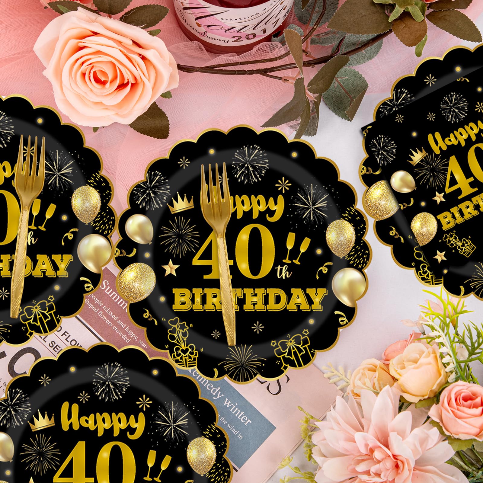 75 PCS 60th Birthday Party Supplies Paper Plates and Napkins,Black and Gold 60th Birthday Plates Napkins Tableware Set for Boys Girls Tableware Set Decorations