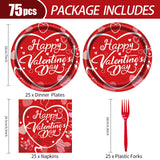 EVYIENEN 75 Pcs Valentine's Paper Plates and Napkins Party Supplies,Red Disposable Paper Plates Napkins and Forks Party Heart Tableware for Valentines Party Engagements Decorations-Serves 25