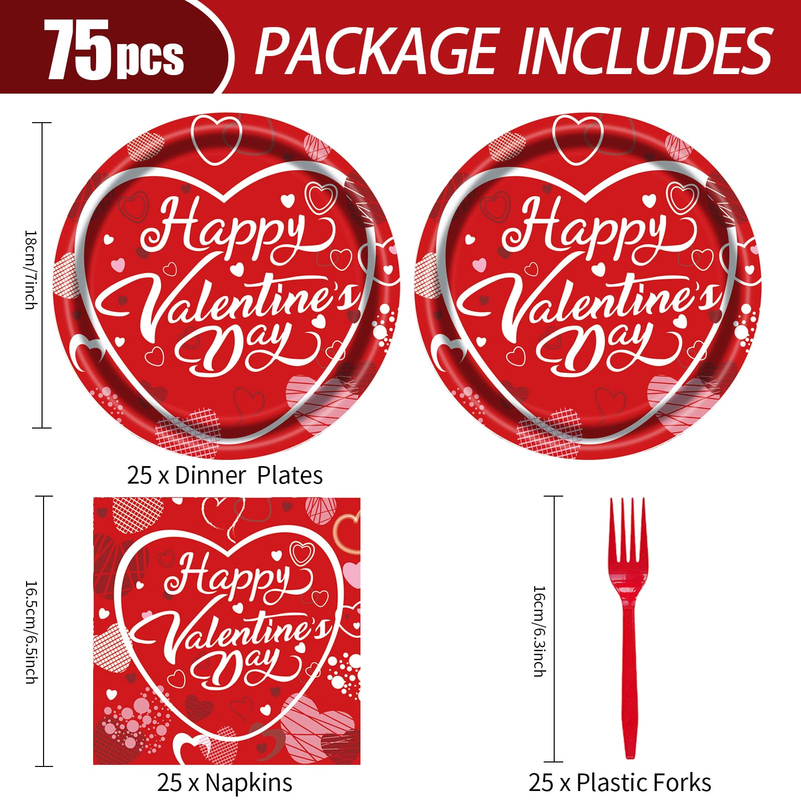EVYIENEN 75 Pcs Valentine's Paper Plates and Napkins Party Supplies,Red Disposable Paper Plates Napkins and Forks Party Heart Tableware for Valentines Party Engagements Decorations-Serves 25