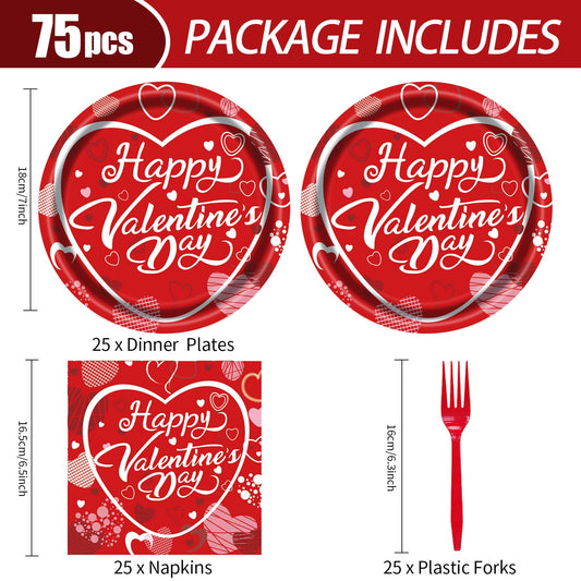 EVYIENEN 75 Pcs Valentine's Paper Plates and Napkins Party Supplies,Red Disposable Paper Plates Napkins and Forks Party Heart Tableware for Valentines Party Engagements Decorations-Serves 25